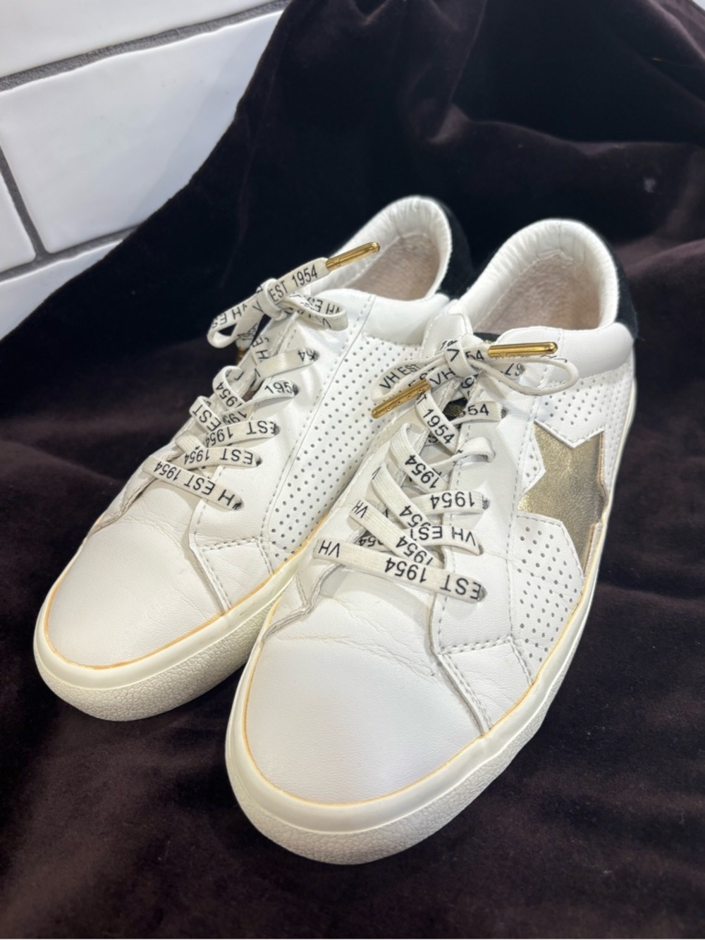 Vintage Havana -Gold Star White Leather Sneakers - Women's Casual Trainers
